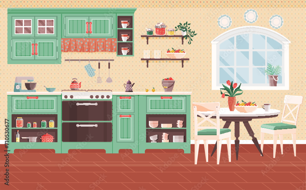 Kitchen interior vector illustration. Comfy dining room furniture complements stylish decor kitchen Homely kitchen interior concept turns cooking and dining into joyful experiences Equip your domestic
