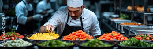 A buffet worker at a hotel with a halal kitchen buffet wearing protective gloves prepares a variety of salads and side dishes, placing the ingredients in large black containers. Concept: catering 
