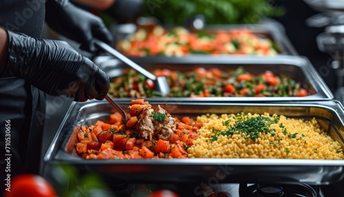 Chopped vegetables and legumes placed in metal gastronorm containers. ingredients ready for use in salads or other dishes. Concept: preparations in a professional kitchen, catering buffet photo