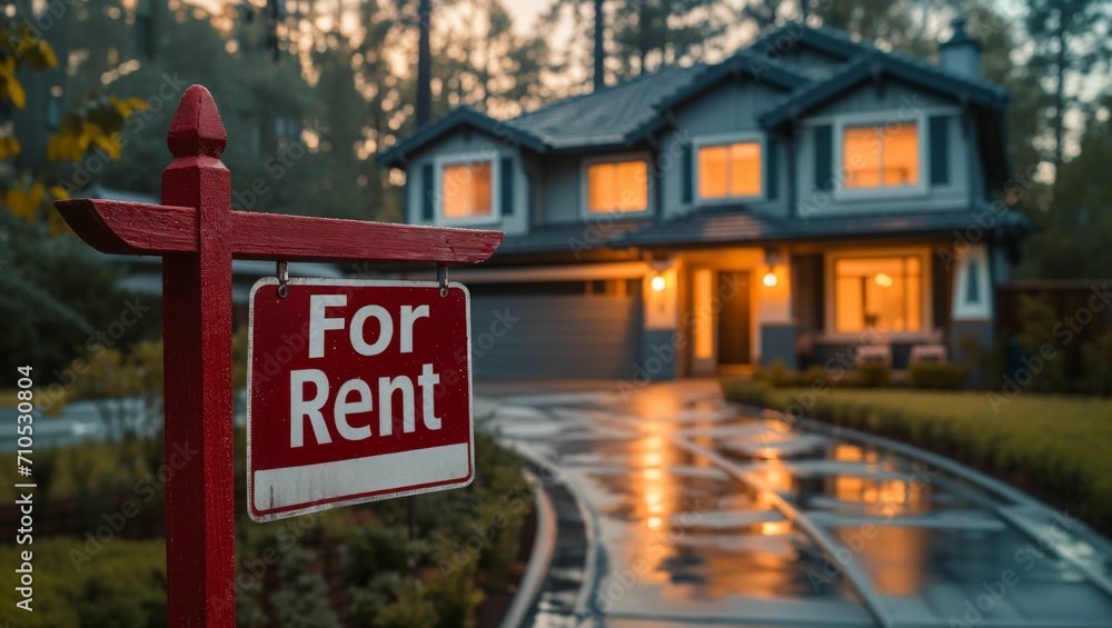 for rent real estate sign in front of beautiful house