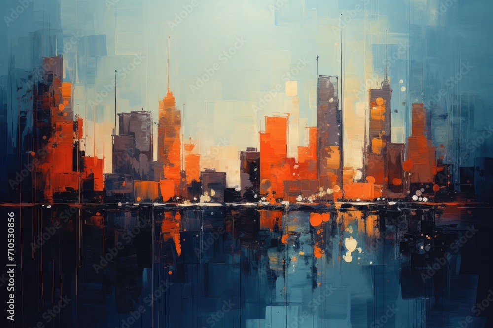 This stunning painting captures the essence of a cityscape with bright orange and deep blue hues, Abstracted cityscape at dusk using bold strokes, AI Generated This stunning painting captures the essence of a cityscape with bright orange and deep blue hues, Abstracted cityscape at dusk using bold strokes, AI Generated