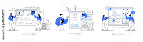 Business strategy, business intelligence and financial modelling tools. Collection of scenes with men and women taking part in business activities. Business strategy and planning tools set. Startup