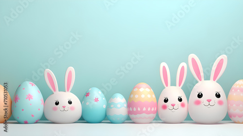 Cute pastel Easter background with patterned bunnies and eggs.