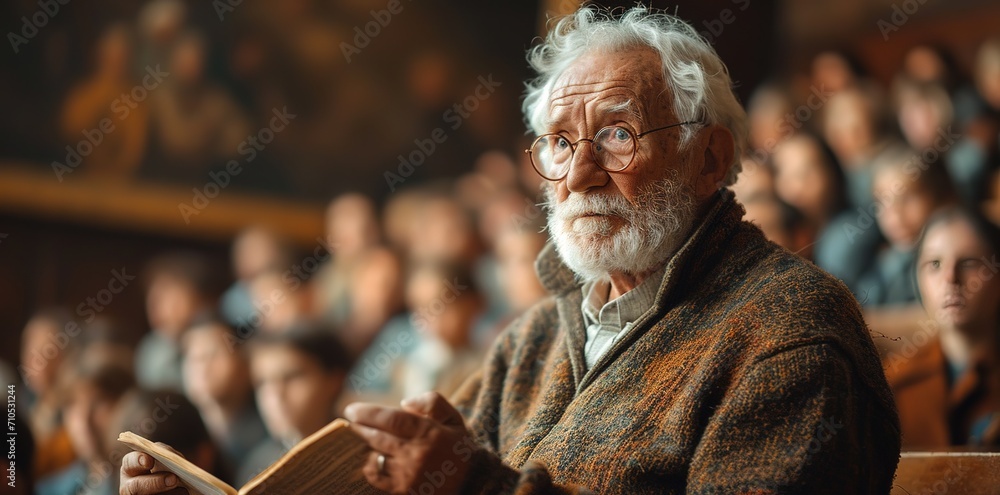 Fototapeta premium an old man teaching in a classroom, in the style of photo-realistic landscapes, joyful and optimistic, reductionist form, high quality, grainy