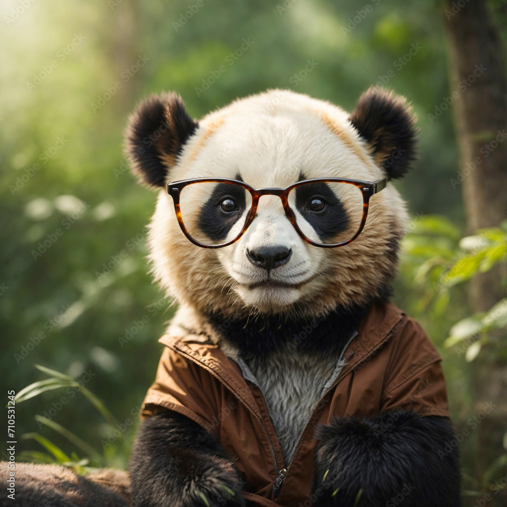Portrait of Panda with glasses in forest. AI Generated.