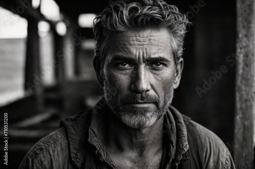 Black and white photo of mid aged man with serious look. AI Generated.