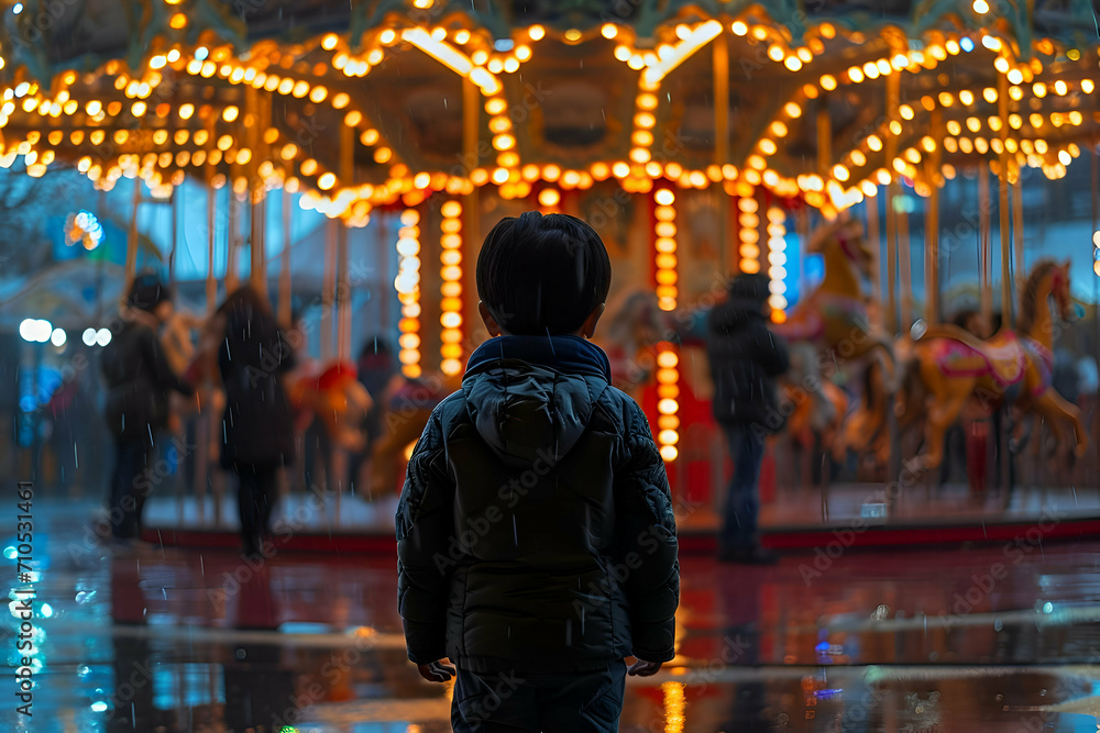 Abandoned kid in the amusement park at night. 