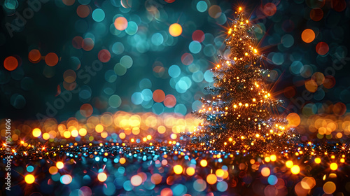 An abstract Christmas tree made of sparkling lights, as if created by luminous colors