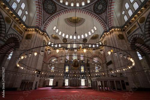 Istanbul, Turkey - 23 April 2023: View of the Suleymaniye Mosque from the inside, Istanbul, Turkey. photo