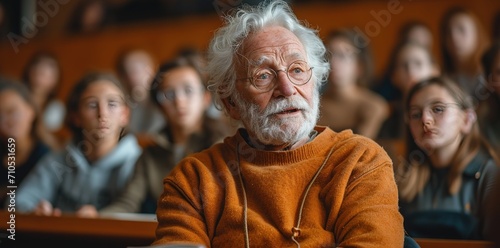 an older man speaks at the front of a class of pupils, in the style of photo-realistic landscapes, joyful and optimistic, vray tracing, romantic academia, photo-realistic hyperbole, studyblr photo