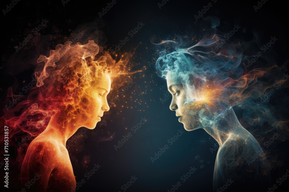 Two women face each other as colorful smoke billows out from their faces, An abstract representation of empathic communication, AI Generated - obrazy, fototapety, plakaty 
