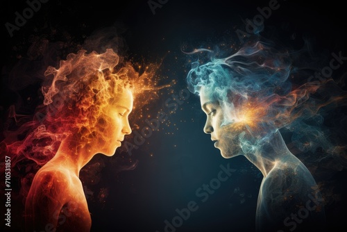 Two women face each other as colorful smoke billows out from their faces, An abstract representation of empathic communication, AI Generated photo
