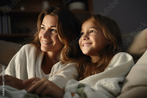 A Loving Bond: Mother and Daughter, Embracing Happiness in their Cozy Home © VICHIZH