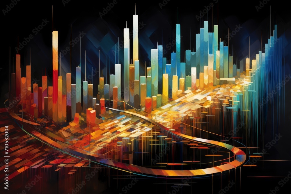 Painting of a City at Night, Stunning Artwork Depicting Urban Landscape Illuminated by Lights, An abstract representation of market fluctuations, AI Generated