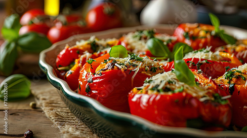 A dish of baked sweet peppers, stuffed films, vegetables and grated cheese photo