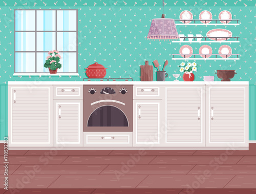 Kitchen interior vector illustration. Homely decor in kitchen creates inviting space for culinary adventures Equip your domestic kitchen with stylish furniture for delightful cooking space Stylish