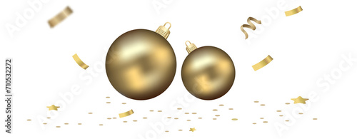 Shiny golden Christmas balls with confetti on the floor, PNG file no background