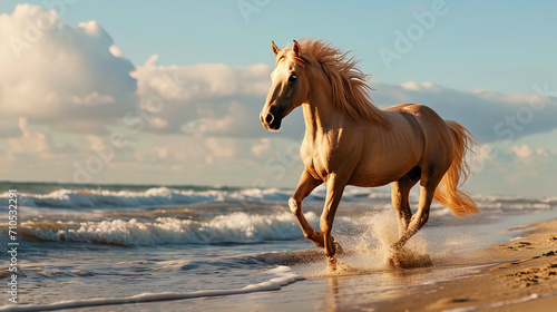 A horse with a golden suit  running along the sandy shore of the ocean  creates the impression of