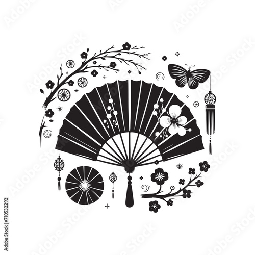 Ancient Symbols Rediscovered: Elevate Your Designs with Timeless Appeal of Chinese Fans Silhouette Stock Imagery - Chinese New Year Silhouette - Chinese Fans Vector Stock
