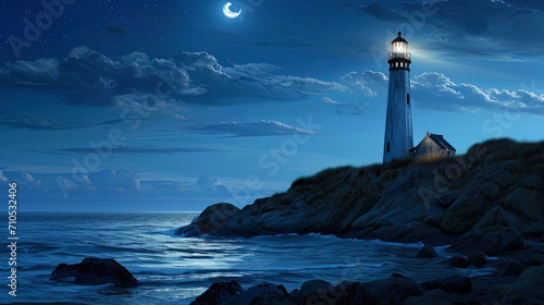 A lighthouse on the shore, looking like a guard in the night, shining with its light in distant wa