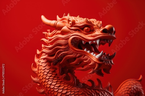 Close up of oriental style dragon on red background.