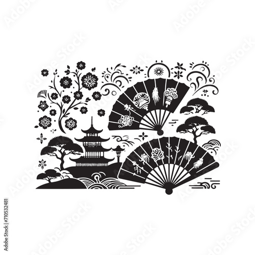 Harmonious Shadows Revealed: A Meticulously Crafted Collection of Chinese Fans Silhouette Stock Imagery - Chinese New Year Silhouette - Chinese Fans Vector Stock
