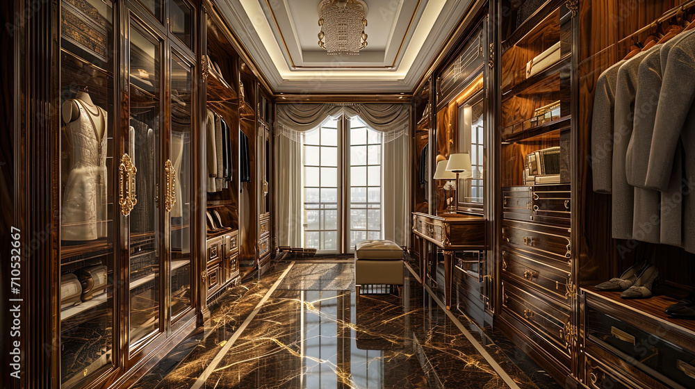 A photograph of a luxurious wardrobe with windows for the exhibition of a collection of precious j