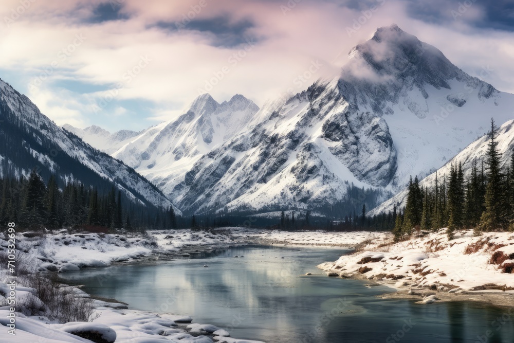 A stunning snowy mountain range stands tall in the distance with a peaceful river flowing in the foreground, An Alaskan landscape with snow-covered mountains and a tranquil lake, AI Generated