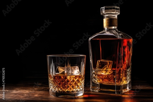 A serene image of a bottle of whiskey and two glasses elegantly arranged on a table, inviting a calm and enjoyable time, An aged bottle of whiskey with a filled glass beside, AI Generated