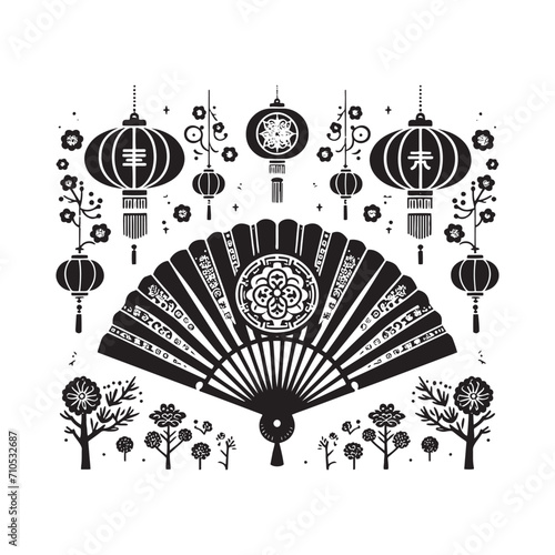 Lunar Whispers Brought to Life: A Captivating Journey through Intricate Chinese Fans Silhouette Stock Collection - Chinese New Year Silhouette - Chinese Fans Vector Stock
