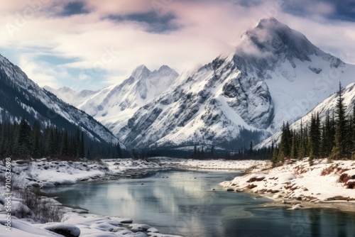 A stunning snowy mountain range stands tall in the distance with a peaceful river flowing in the foreground, An Alaskan landscape with snow-covered mountains and a tranquil lake, AI Generated © Iftikhar alam