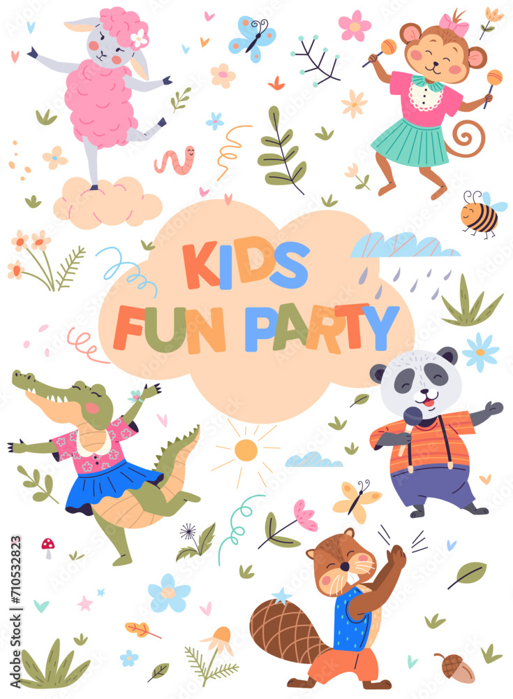 Animal party vector illustration. Join festivities as fauna turns woodland into lively celebration happiness Creatures gather for festive feast, turning animal party. Kids fun party Animal party vector illustration. Join festivities as fauna turns woodland into lively celebration happiness Creatures gather for festive feast, turning animal party. Kids fun party