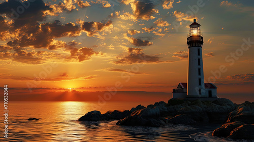 A picture of a lighthouse doused with orange light of sunset, with the radiation of comfort and tr photo