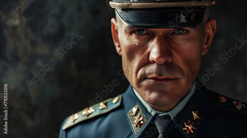A portrait of a high ranking officer in uniform, with a serious expression on the face, reflecting