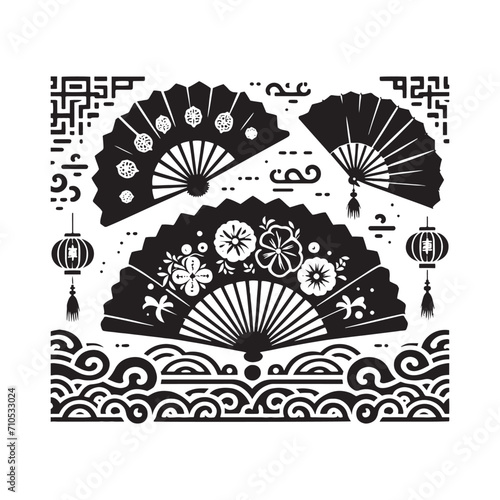 Celestial Harmony Captured: Intricate Chinese Fans Silhouette Stock Images Tailored for Stock Enthusiasts - Chinese New Year Silhouette - Chinese Fans Vector Stock
