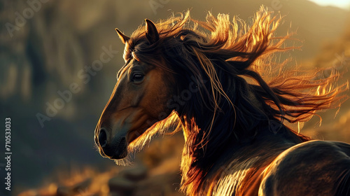A portrait of a stallion with a magnificent mane illuminated by the rays of sunset creates a mysti
