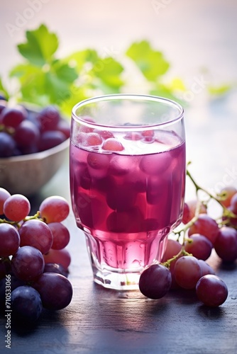 One glass of grape juice on table top.
