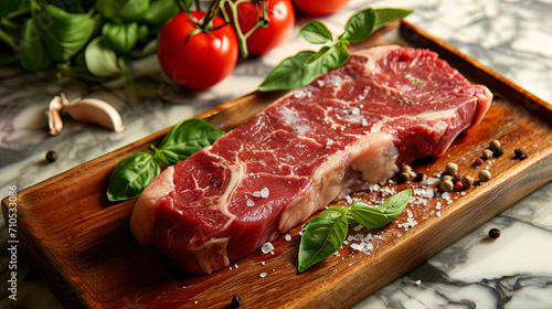 A raw steak on a natural wooden tray, with a bright marble pattern, ready to prepare to your taste