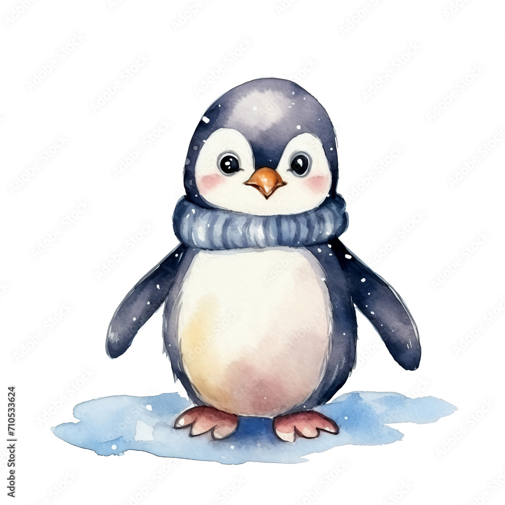 Obraz premium Pinguinjunges Schneefall Aquarell Niedliche Pinguinillustration Polartier Kinderzimmer Wandkunst Winterwunderland Tiermotiv