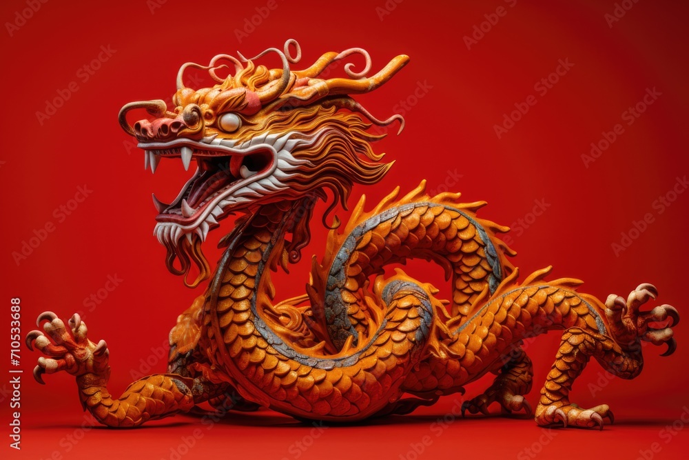 Fototapeta premium Chinese New Year zodiac Dragon on red background.