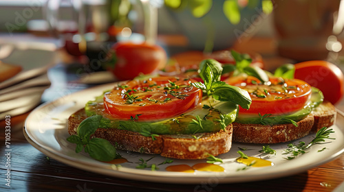 Breakfast with toasts of rye bread covered with a layer of avocado oil, and tomatocherry