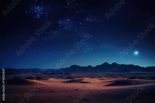 A mesmerizing scene of a tranquil desert bathed in moonlight as the stars twinkle above  An Arabian desert under a starlit night sky  AI Generated