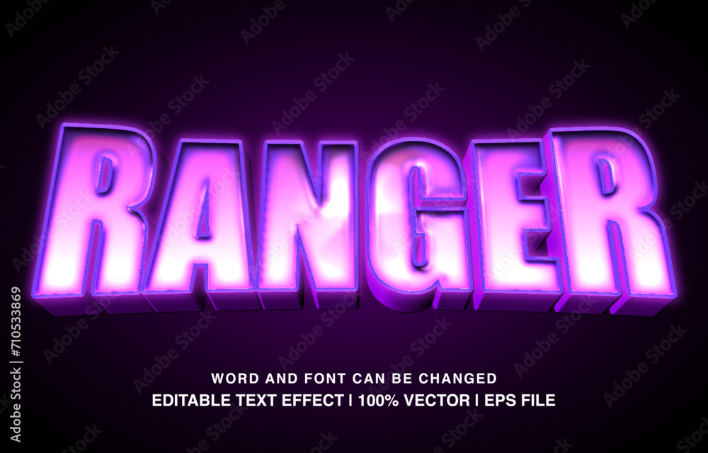 Ranger editable text effect template, neon glossy futuristic style typeface, premium vector