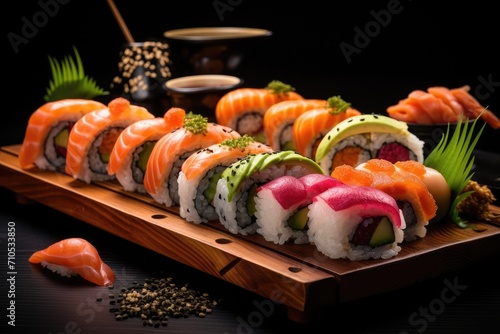 A deliciously arranged sushi platter showcasing a diverse selection of expertly crafted sushi, An assortment of sushi on a bamboo serving tray, AI Generated