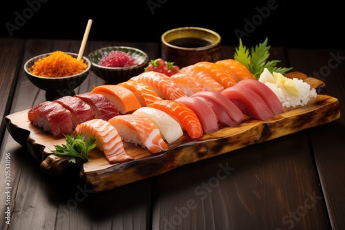 A vibrant platter filled with a selection of mouthwatering sushi rolls, elegant nigiri, and delicate sashimi, An assortment of sushi on a bamboo serving tray, AI Generated