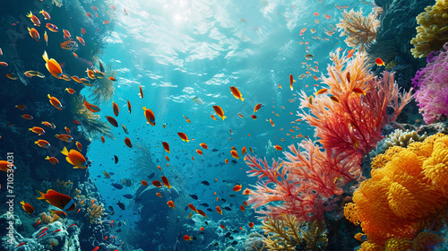 Delicate coral branches dancing throughout the ocean surrounded by a school of bright fish photo