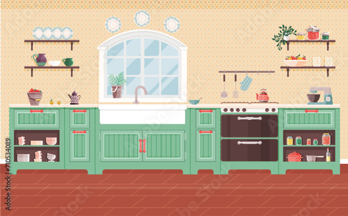 Kitchen interior vector illustration. A comfy kitchen interior becomes space for culinary creativity and family unity Decorate your dining room with homely furniture for warm family environment