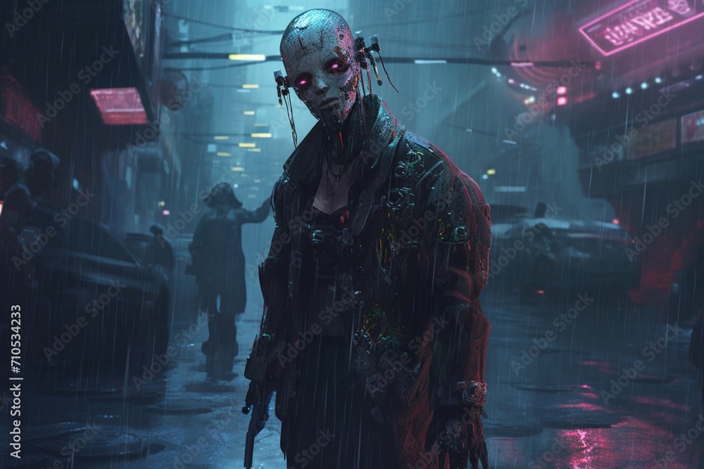 Cybernetic Apocalypse: Zombie Cyborg in Dystopian Cyberpunk Setting.