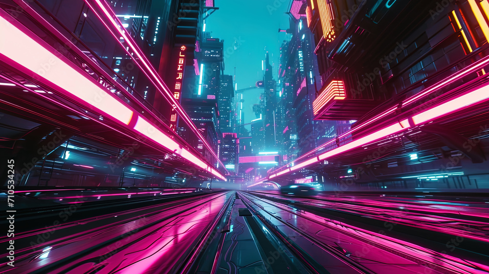 Futuristic city landscape with neon light lines that create an atmosphere of technological greatne