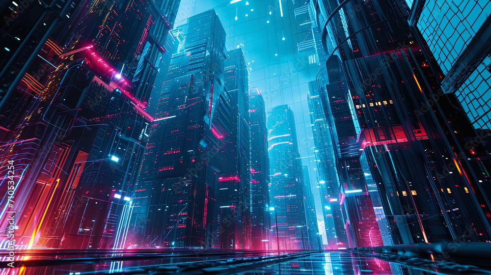 Futuristic urban landscape with Mijorni elements, such as luminous digital facades and neon lights